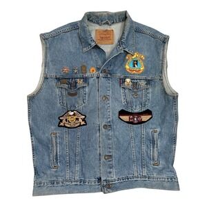 Vintage Levis Denim Vest XL Riding For Christian Motorcycles Patches Harley Pins